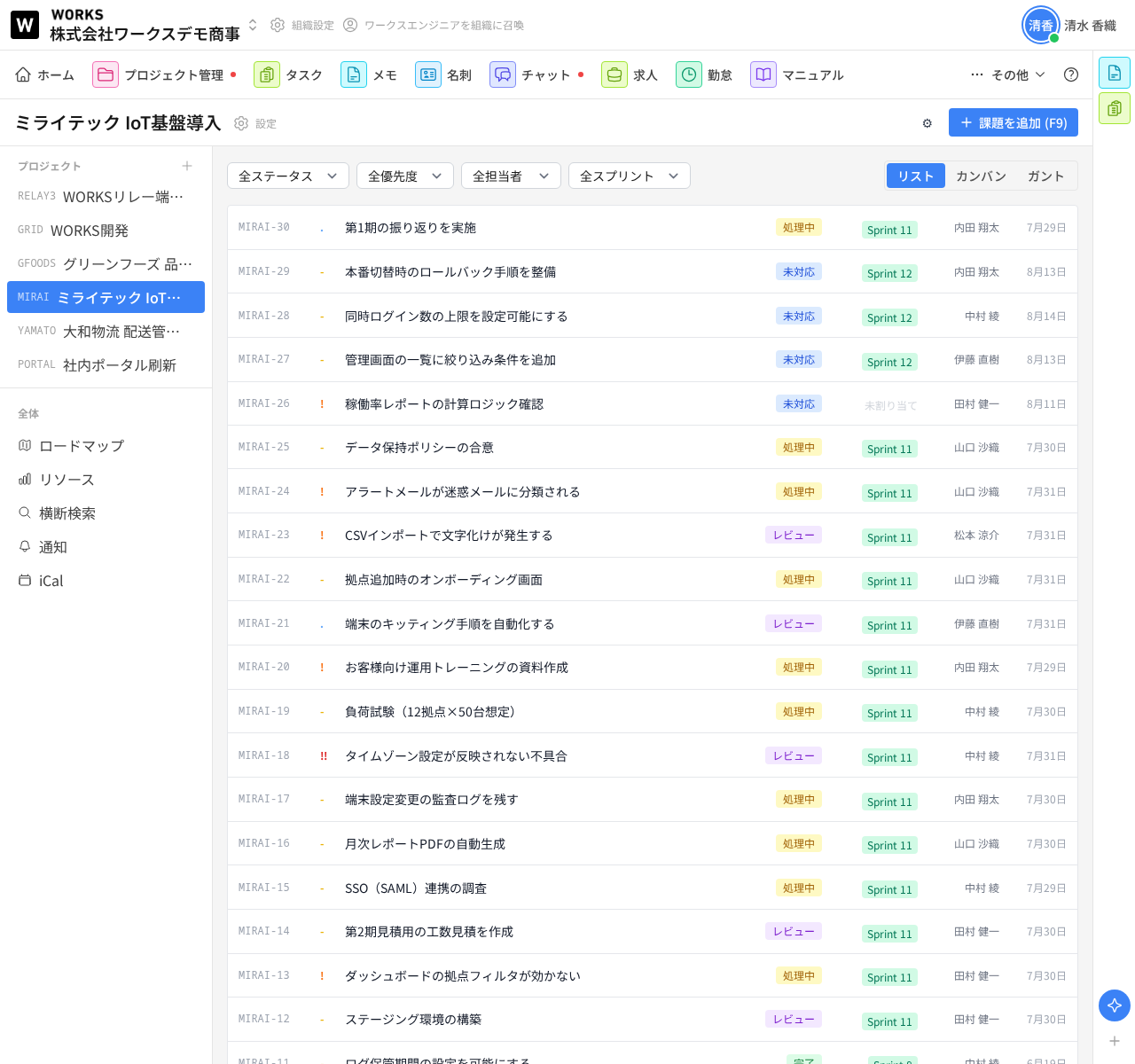 課題のリスト表示。ステータス・スプリント・担当者・期日が並ぶ
