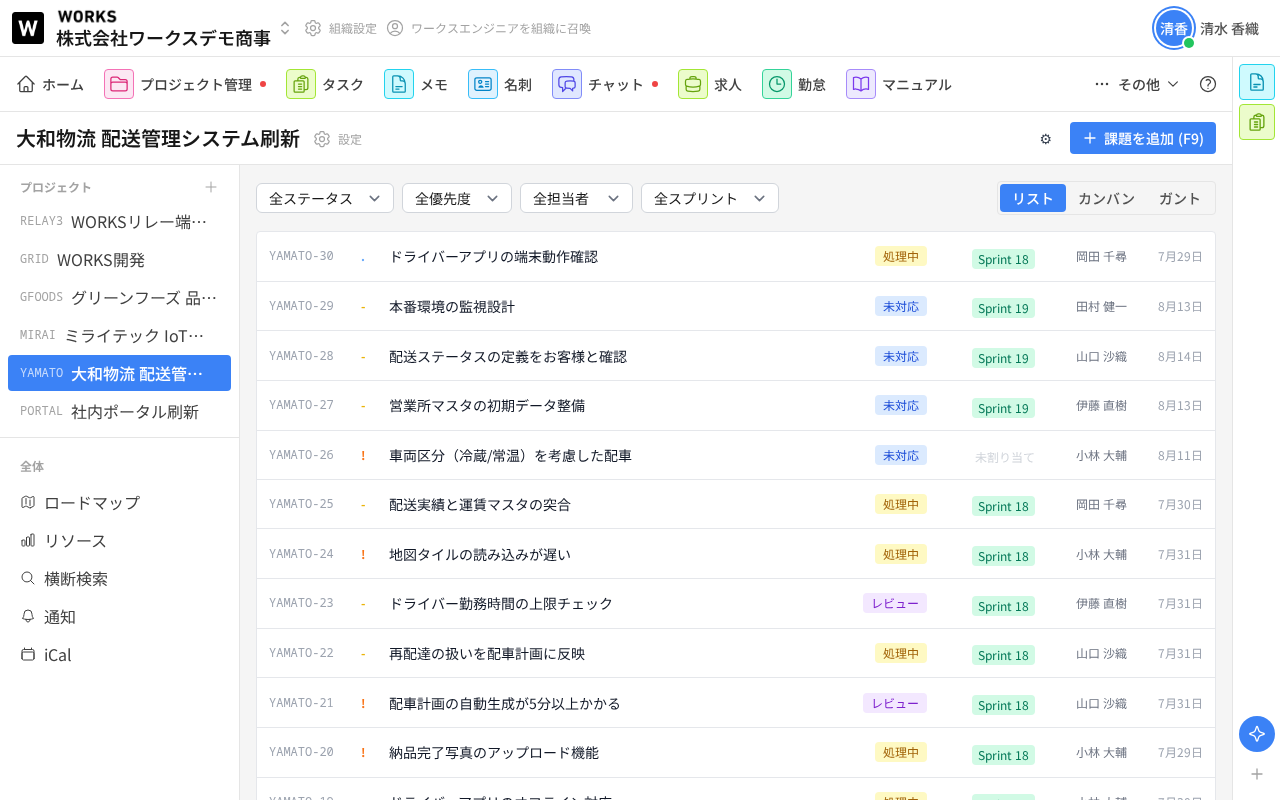 プロジェクト管理の画面。左サイドバーにプロジェクト一覧、右に課題のリスト